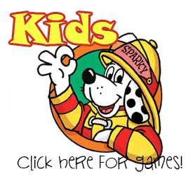 image of sparky the fire dog with kids click here for games text